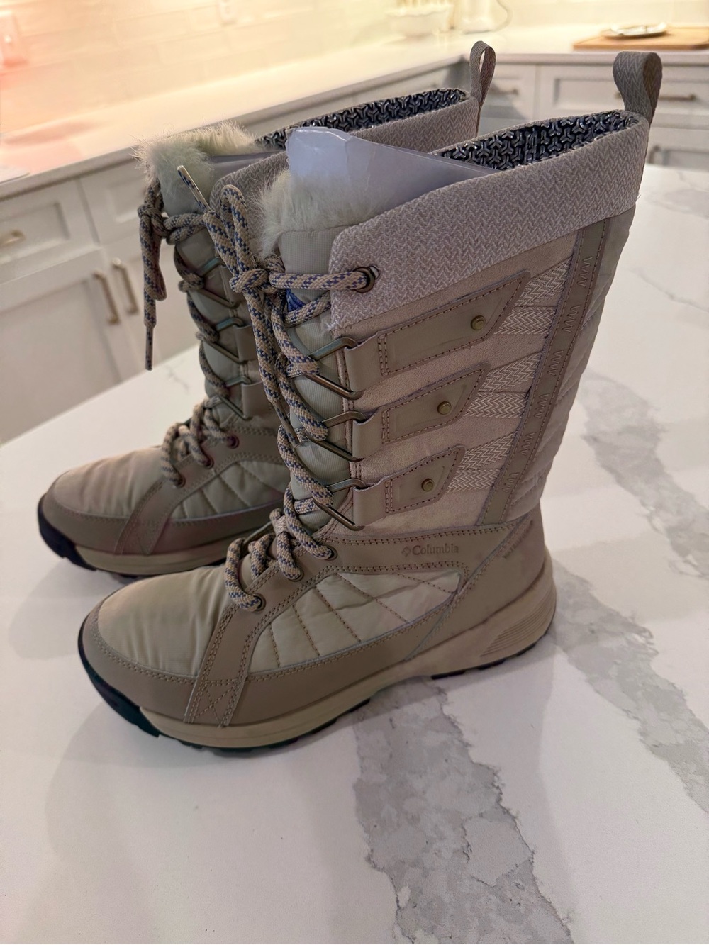 Columbia Women’s Tall Lace-Up Winter Boots in Beige and Tan